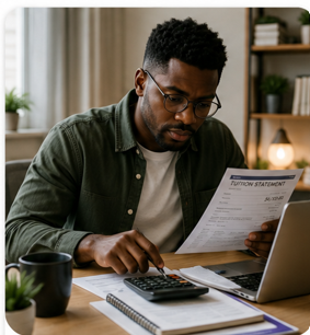 Student reviewing a tuition bill, representing the cost of online degrees