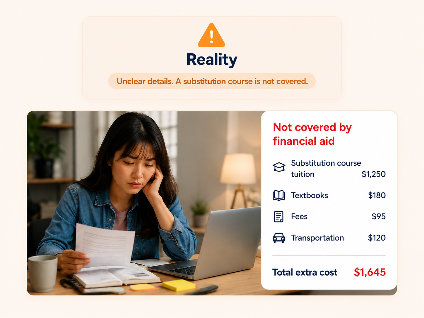 Comparison showing what students expect versus the reality of a substitution course: students expect all required courses covered, financial aid coverage, and to stay on track to graduate, but the reality is a substitution course not covered by financial aid, with delayed graduation and extra costs