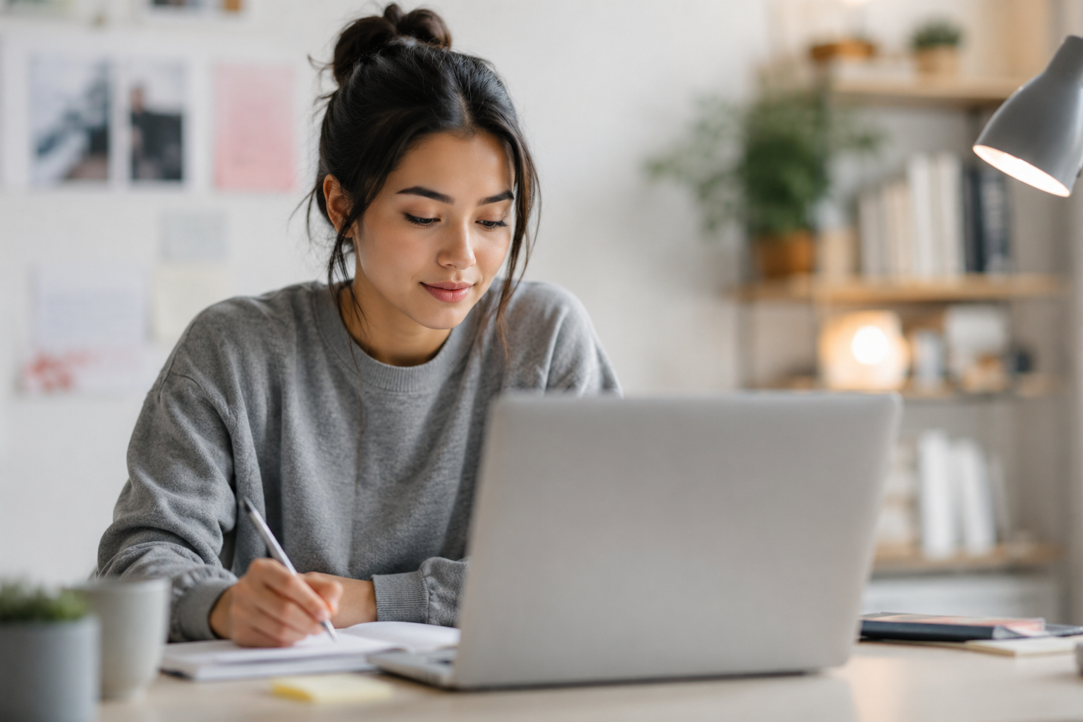 Student studying online at a desk lamp at night, representing remote learners